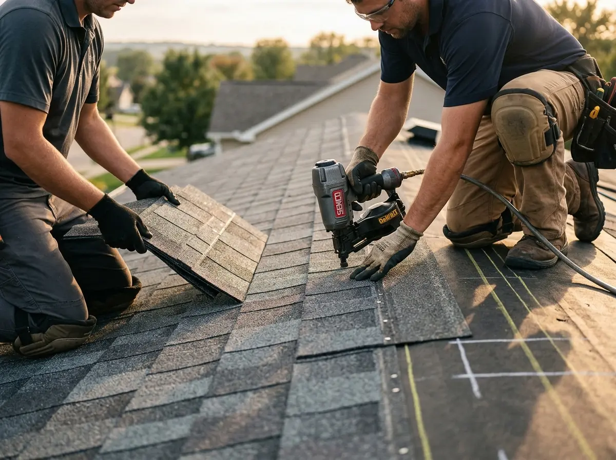 Professional roofer working on a residential roof in Enfield